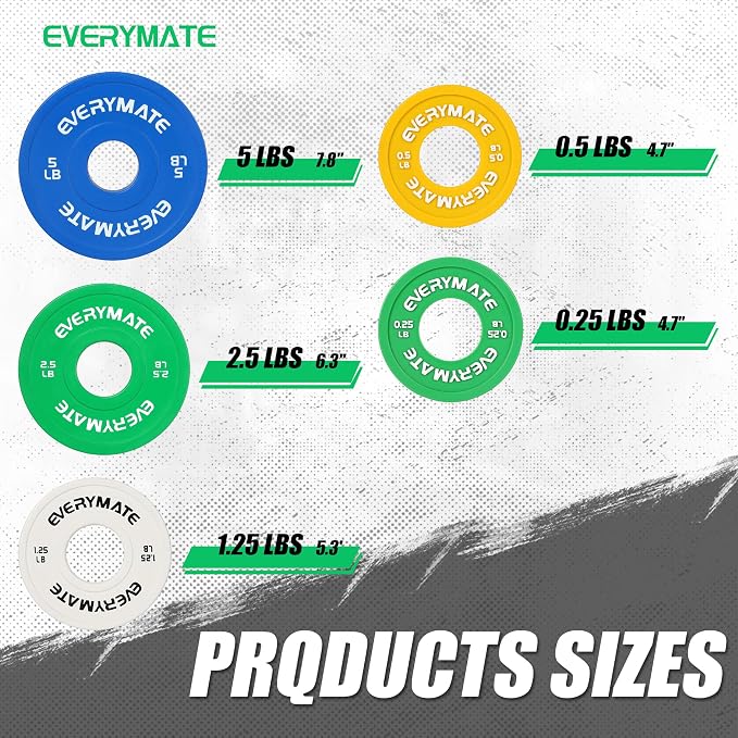 EVERYMATE Change Weight Plates 1.25LB 2.5LB 5LB Set Fractional Plate Olympic Bumper Plates for Cross Training Bumper Weight Plates Steel Insert Strength Training Weight Plates