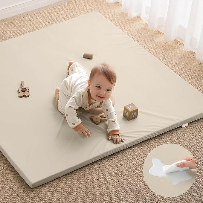 Blissful Diary Vegan Leather Baby Play Mat, 47''x47'', Beige | thick cushion, safe and soft fabric, waterproof and wip clean, indoor use, non-slip bottom, stylish mordern decor