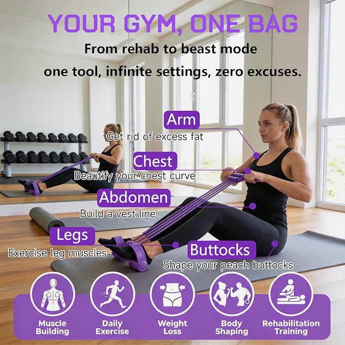 3 in 1 Adjustable Pedal Resistance Band, 8-Tube Multifunction Tension Rope, Natural Latex sit-up Trainer Resistance Band Suitable for Fat Loss and Full-Body Shaping Workout