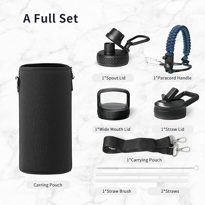 Trebo Insulated Water Bottle 32 oz with 3 Lids, Paracord Handle & Sleeve | Stainless Steel Metal Flask Vacuum, Triple Wall Copper Plated, Dishwasher Safe, Cold 48Hrs for Trail, Hiking, Wide Mouth
