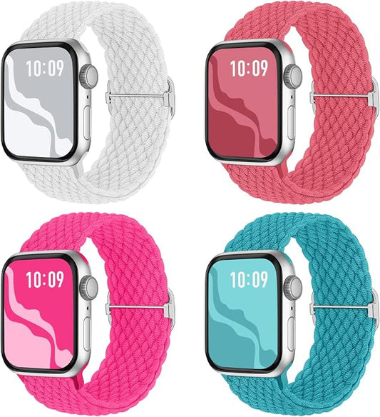 4 Pack Braided Stretchy Bands Compatible with Apple Watch 40mm 41mm 38mm 42mm 44mm 45mm 46mm 49mm Women Men, Breathable Nylon Elastic Daily Use Straps for iWatch Series 11/10 9 8 7 6 5 4 3 SE/Ultra 2