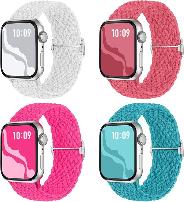 4 Pack Braided Stretchy Bands Compatible with Apple Watch 40mm 41mm 38mm 42mm 44mm 45mm 46mm 49mm Women Men, Breathable Nylon Elastic Daily Use Straps for iWatch Series 11/10 9 8 7 6 5 4 3 SE/Ultra 2