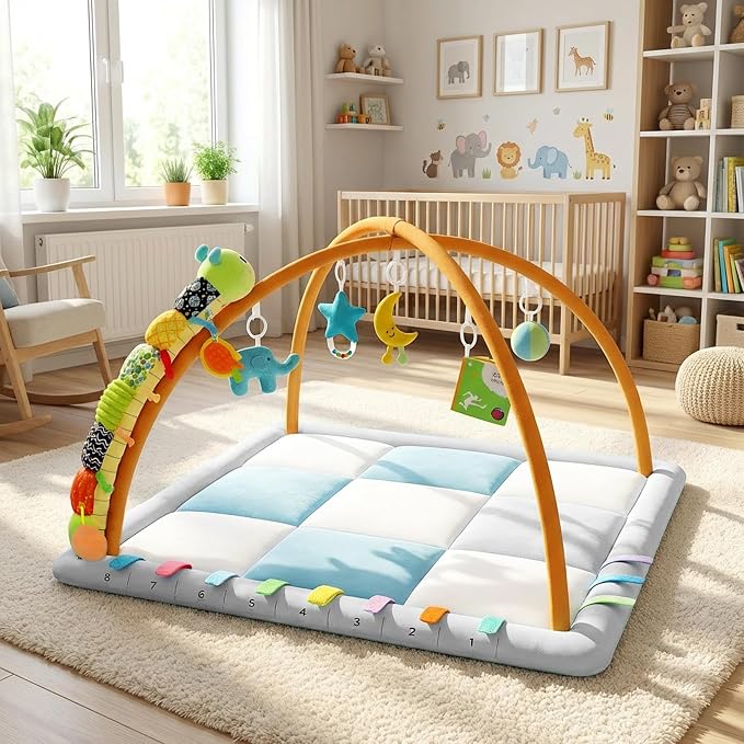 Baby Play Gym & Activity Mat, Baby Tummy time mat w 6 Detachable Toys, Promote Motor Skills & Sensory Development Mat, Newborn Infant Baby Essentials Gift.