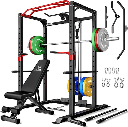 JELENS S11 Power Cage, 2000LB Multi-Function Power Rack with LAT Pulldown, Squat Rack with Adjustable Pulley System and Training Attachments, Weight Rack for Home Gym