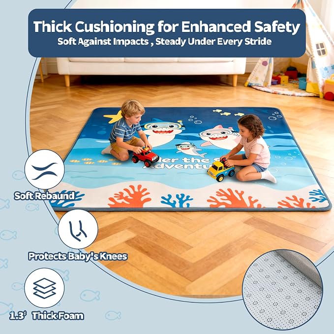 RONGFA Baby Play Mat for Floor, 71'' x 59'' Thicken Foam Soft Padded Playmat for Tummy Time, Playpen Mat for Toddlers Infant Kids, Water-Repellent Coral Velvet, Non-Slip Bottom Safe for Crawling (SEA)