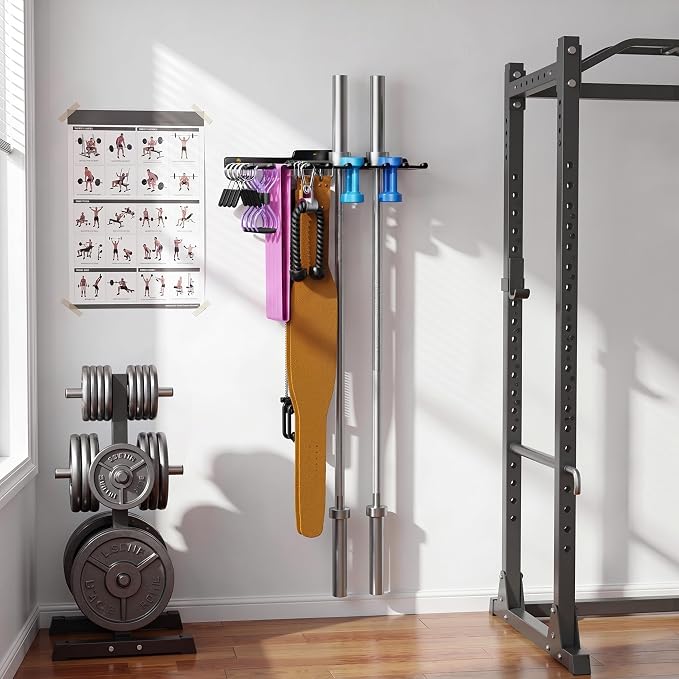 Wall-Mounted Home Gym Equipment Storage Rack for Resistance Bands, Barbell Bars, Cable Attachments, Lifting Belts, Jump Ropes, and Chains