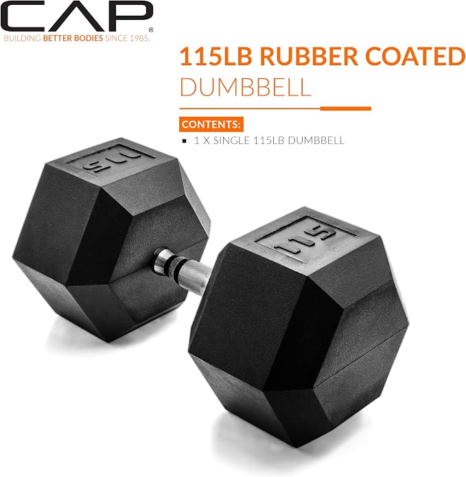 CAP Rubber Coated Dumbbell Weights, Free Weights for Home Gym Strength Training, Anti-Roll Hex Dumbbells with Black, Chrome & Comfort Grip Handles, Singles