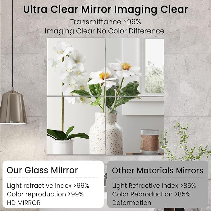 JAMBALAY Home Gym Mirrors for Gym, 12Pcs 14″×12″ Square HD Glass Full Length Wall Mirror Tiles, Self Adhesive Frameless Wall Mirror for Bedroom, Living Room, Over The Door