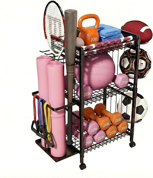 Home Gym Storage Rack 3-Tier Dumbbell Rack with Ball Holder & Side Basket Heavy Duty Vertical Workout Equipment Organizer for Yoga Mats Lockable Wheels