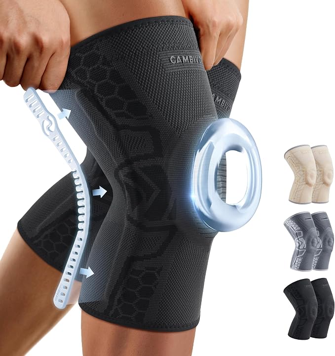 CAMBIVO Knee Brace for Men & Women, 2-Pack Compression Sleeve with Gel Pad | Patella Gel Pad with Side Stabilizers for Knee Pain Relief. Ideal for Running, Weightlifting & Arthritis, Workout, Daily Use
