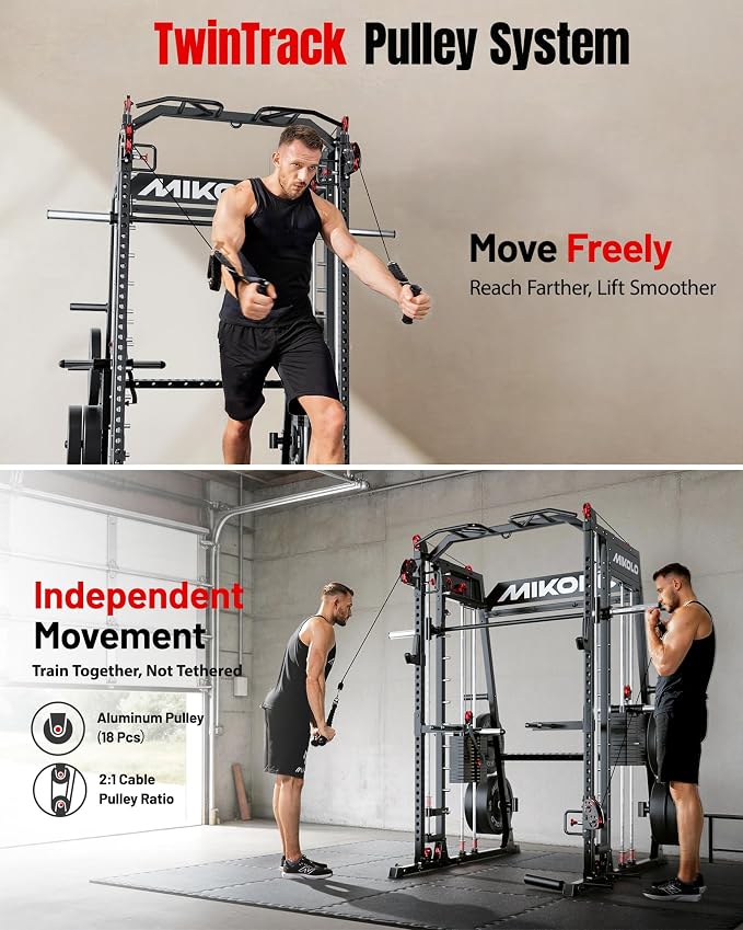 Mikolo M4 2.0 Smith Machine, 2200lbs Squat Rack with LAT-Pull Down System & Cable Crossover Machine, Training Equipment with Leg Hold-Down Attachment