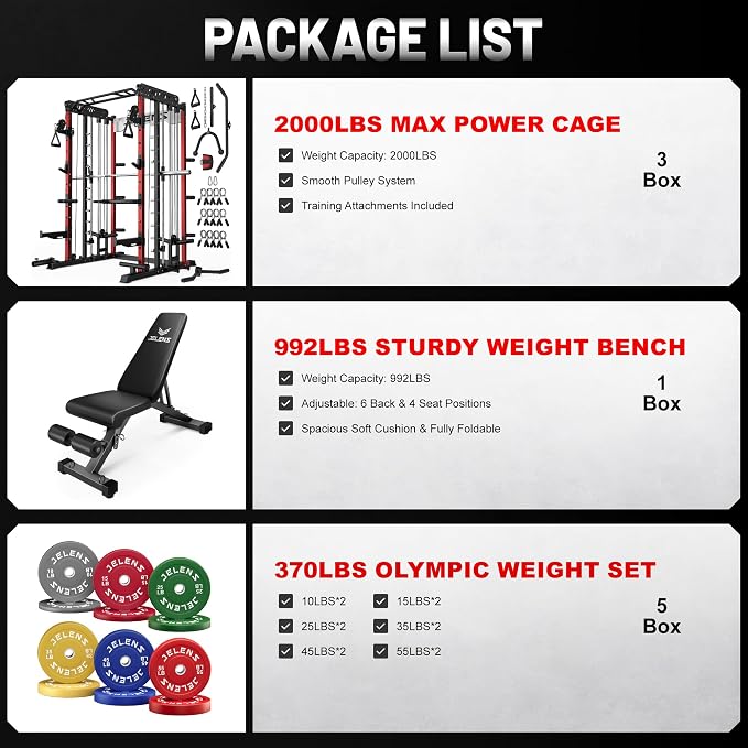 JELENS Smith Machine for Home Gym, Multi-Function M12 Power Cage with Cable Crossover System, Squat Rack with Smith Bar and More Attachment