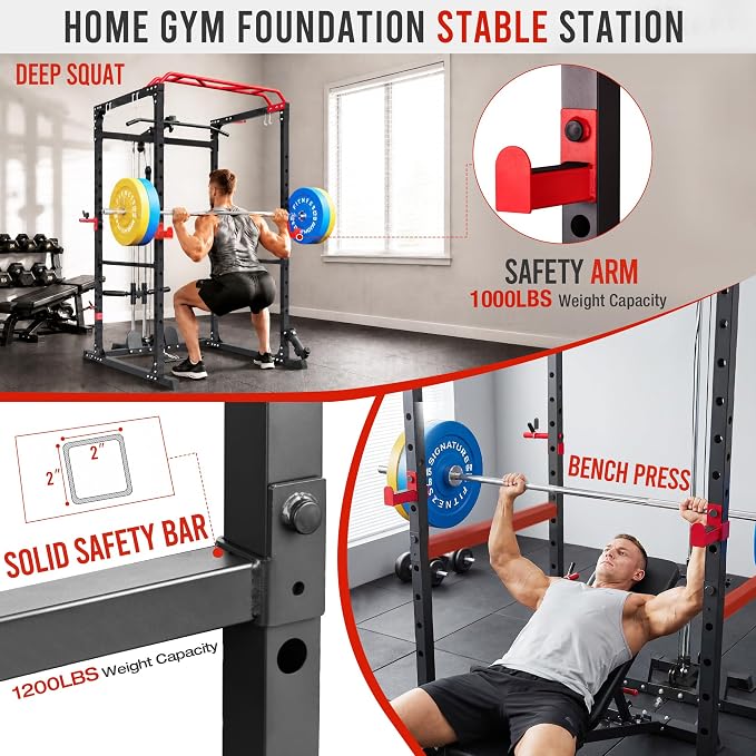 HulkFit Power Rack, Multi-Function Squat Rack with LAT Pull Down, Power Cage with Pulley System, Strength Training Home Gym Equipment with Workout Equipment Attachments, Cable Machine for Home Gym