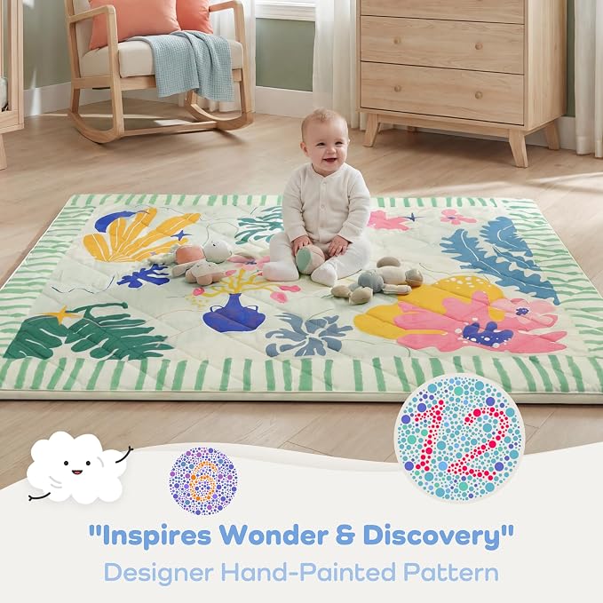 1.6" Thick Baby Play Mat, 71x59 Removable & Machine Washable Cover | Padded Memory Foam, Non-Slip Backing, 100% Baby-Safe Materials, Tummy Time Crawling, Outdoor, Bedroom, Living Room, Nursery