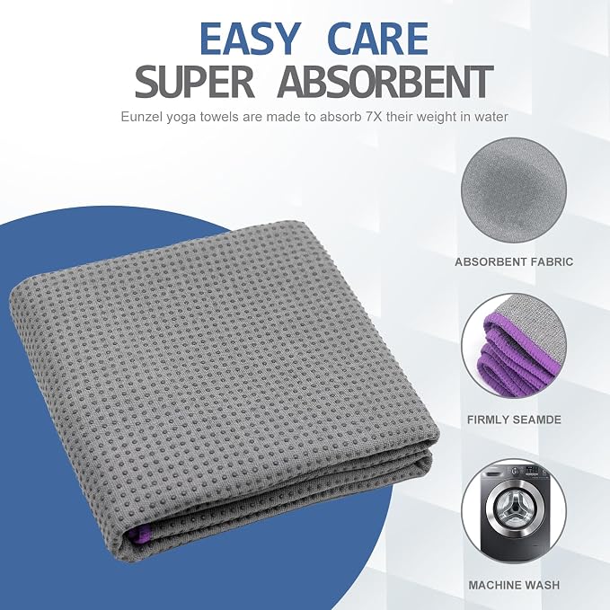 Eunzel Hot Yoga Towel - Microfiber Non Slip Yoga Mat Towel with Grip Dot Sweat Absorbent Towel for Hot Yoga, Pilates and Fitness 72" x 24", Dark Grey/Purple
