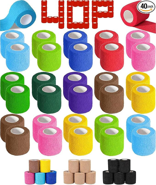 AZEN 40 Pack Self Adhesive Bandage Wrap, 2" X 5 Yards Elastic Cohesive Bandage Wrap, Color Athletic Tape, Vet Wrap, Ankle Tape, Tattoo Grip Tape Wrap