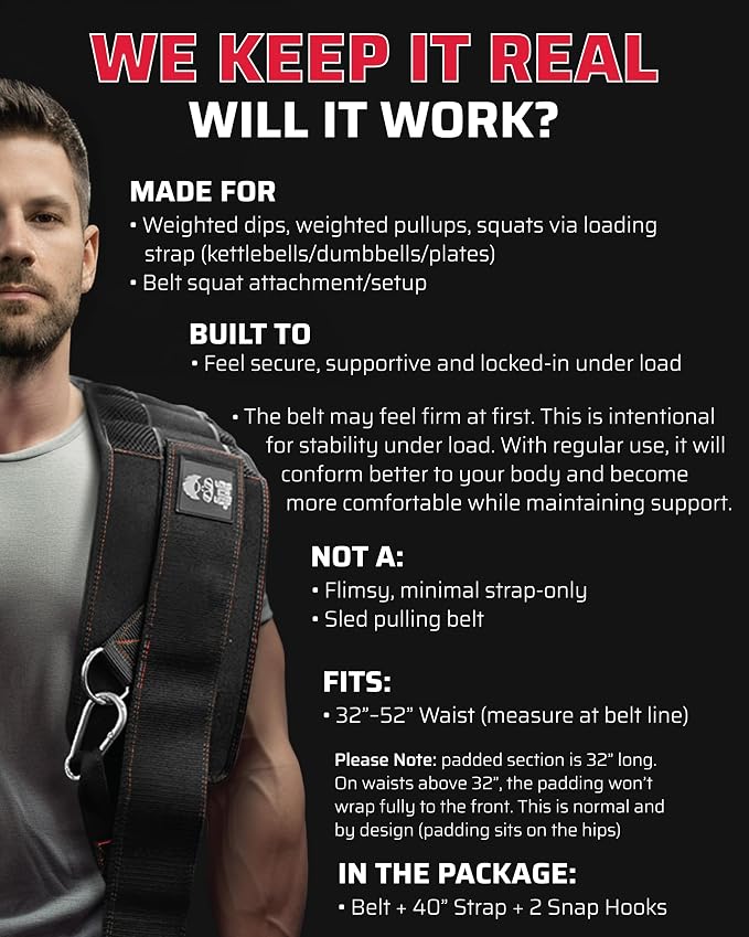 THEFITGUY Original Dip Belt with Strap for Dips, Pull-Ups, Squat Attachment | Secure hook-and-loop closure, structured back support, 45-degree D-rings, 40in strap, 2 hooks, up to 250lb