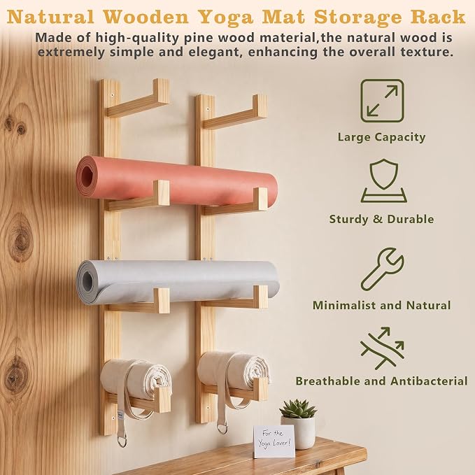 4-Tier Wooden Yoga Mat Holder Wall Mount, Yoga Mat Rack for Home Gym | Wall Yoga Mat Storage, Yoga Mat Holder Wall Mount for Foam Roller and Fitness Accessories Home Gym Organization