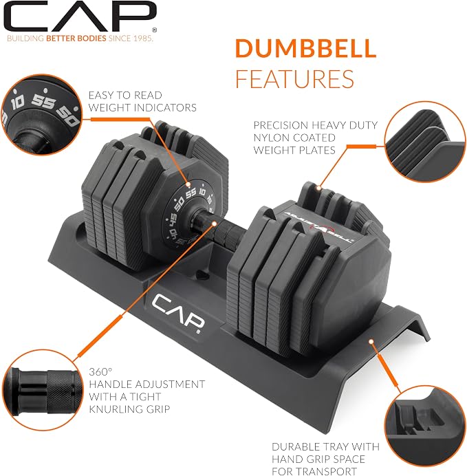 CAP ADJUSTABELL Adjustable Dumbbell Set, Premium Quick Select Adjustable Weights for Strength Training, Singles & Pairs, 12.5 LB, 25 LB & 55 LB, Round & Hex Dumbbells, Multiple Grip Handle Options