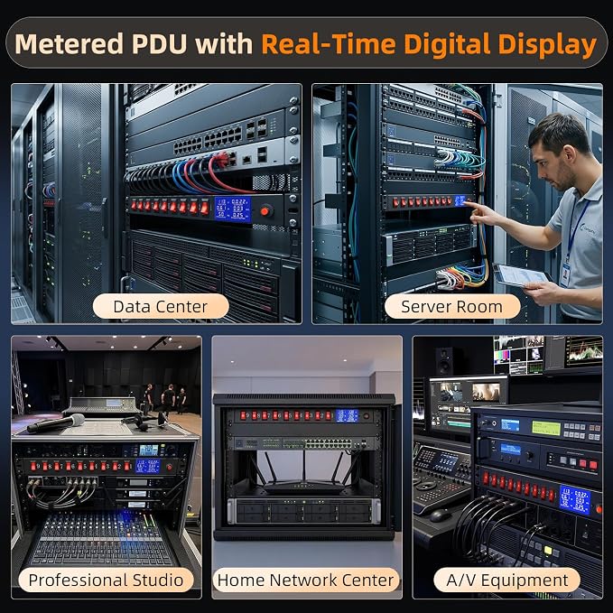 9 Outlet Rack Mount Power Strip with Individual Switches, PDU Surge Protector 15A 125V 1875W, 1U Server Rack Power Distribution Unit with Overload Protection and Power Monitoring, 6.5FT Cord