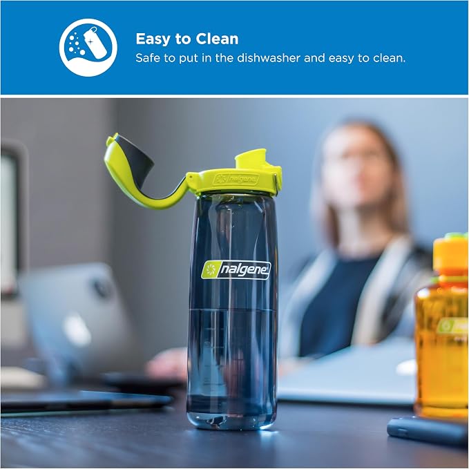 Nalgene 24 oz On The Fly Lock-Top Water Bottle, Charcoal w/Lime | Easy Chug Cap with Locking Lid, Cup Holder Size, BPA-Free, Durable & Leak Proof, Lightweight Bottle for Hiking, Gym & Travel