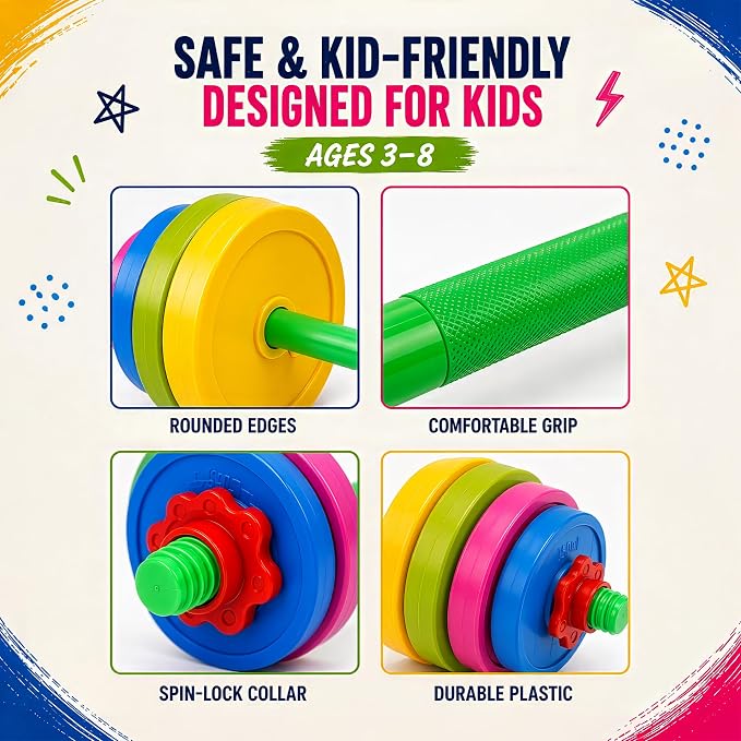 Liberty Imports Kids Barbell Weight Set - Adjustable Workout Toy Equipment for Children Pretend Play Exercise - Toddler Beginner Gym, Fitness, Weightlifting and Powerlifting (32 inches), multicolored