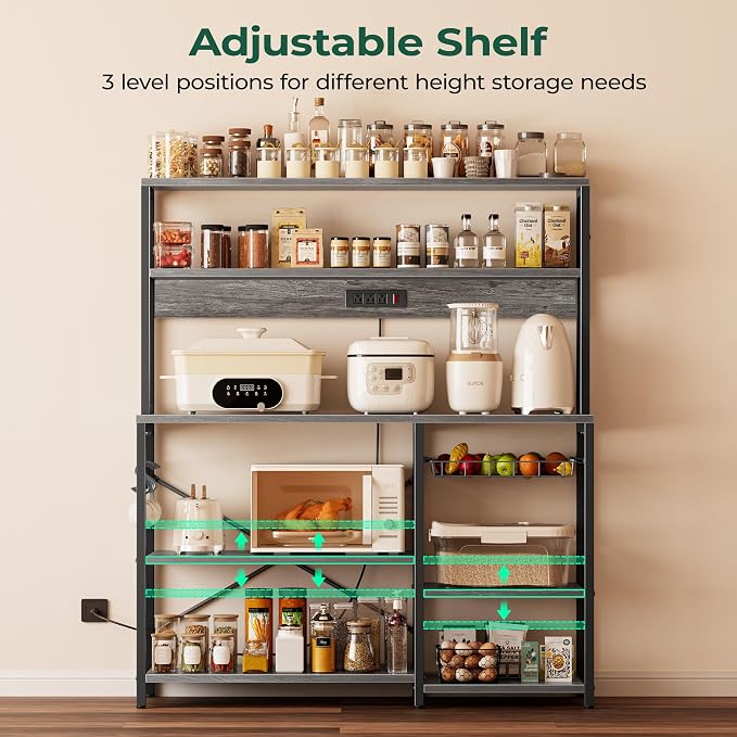 SUPERJARE Bakers Rack with Power Outlet, 47.2 Inches Coffee Bar with Basket | Kitchen Microwave Stand with 3 Level-Adjustable Open Shelves, with 9 S-Shaped Hooks, Grey