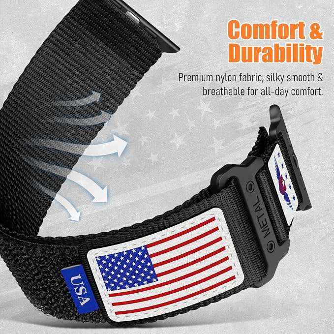 Rugged Nylon for Apple Watch Ultra 2/ Ultra 3 Band Series 11/10/9/8/7/6/5/4/3/SE iWatch Bands Men,Soft Woven Stars-Stripes Flag Wristbands Strap for Apple Watch Ultra 3/2/1 49mm 46mm 45mm 44mm 42mm