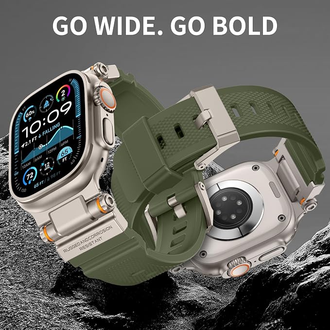 Band Compatible with Apple Watch Ultra 3/2/1 Band 49/46/45/44mm | Metal Connector with Silicone Rugged Strap for iWatch Ultra Series 11/10/9/8/7/6/SE3/SE2/SE/5/4/3/2/1, Army Green/Titanium
