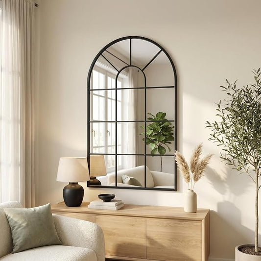 48x28Inch Arched Window Pane Mirror| Black Arched Mirrors for Wall & Floor | Arch Mirror Full Length for Entryway Living Room & Bedroom | Oversized Mirrors | Wall Art Decorative |Farmhouse Décor
