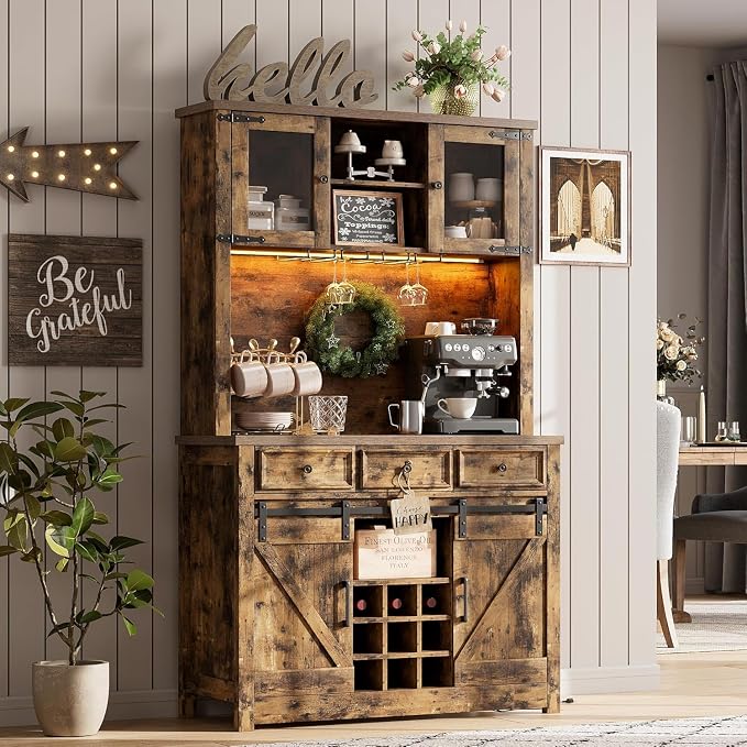 GarveeHome 72" Farmhouse Coffee Bar Cabinet with LED Lights & Power Outlets | Tall Kitchen Buffet Hutch with 3 Drawers & Wine Glass Rack, Sliding Barn Door, Ample Storage for Home Bar, Brown