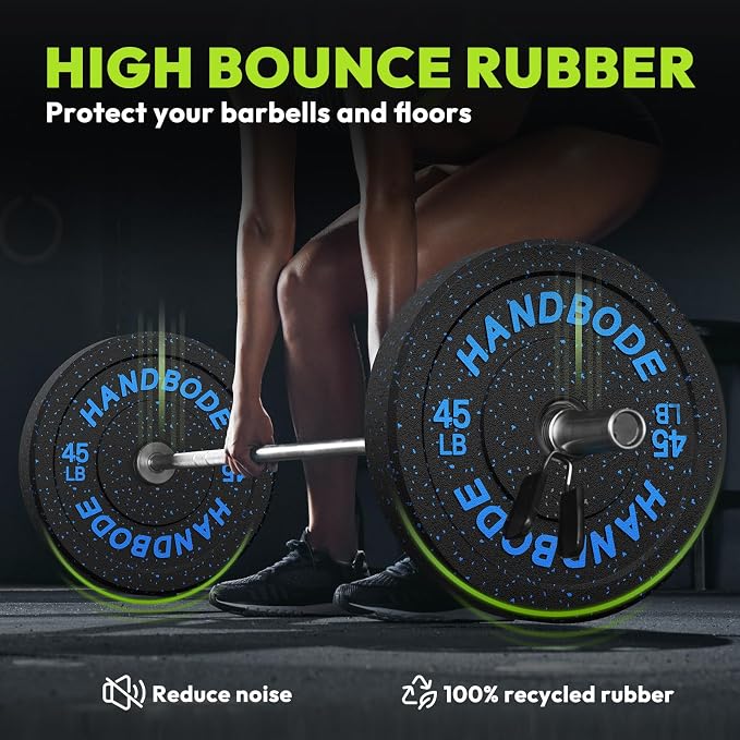 HANDBODE 2-Inch Weight Plates High Bounce, Olympic Bumper Plate Set 45/100/160/190/260/300lb, Colored Weight Plates Set for Home Gym, Barbell Weights Rubber Strength Training Plate for Weight Lifting
