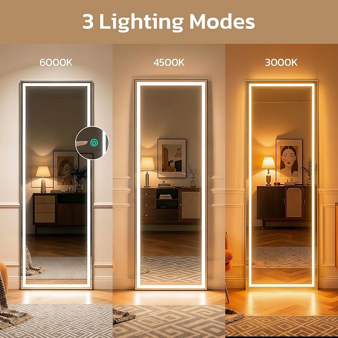 64"x21" Full Length Mirror with LED Lights, Mirrors with Dimming & 3 Color, Full Body Mirrors with Aluminum Alloy Thin Frame for Bedroom, Dressing Room