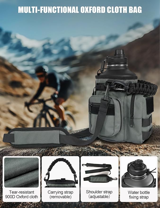 Tactical Half Gallon Water Bottle with Straw, 64 Oz Insulated Water Jug with Molle Water Bottle Holder, Stainless Steel Sport Bottle with 3 BPA Free Lids for Gym Workout Hiking (64oz-Gray)