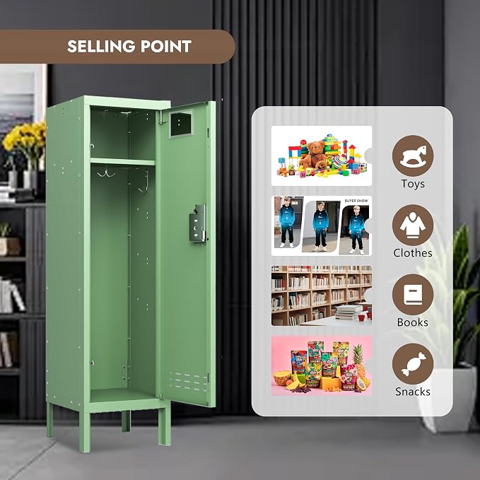 BUTISOW Metal Storage Locker with Lock & Card Slot Locker - Secure Lockable Door - Steel Locker for School, Office, Gym, Home - 54" H x 15" W x 15" D（1 Door, Mint）