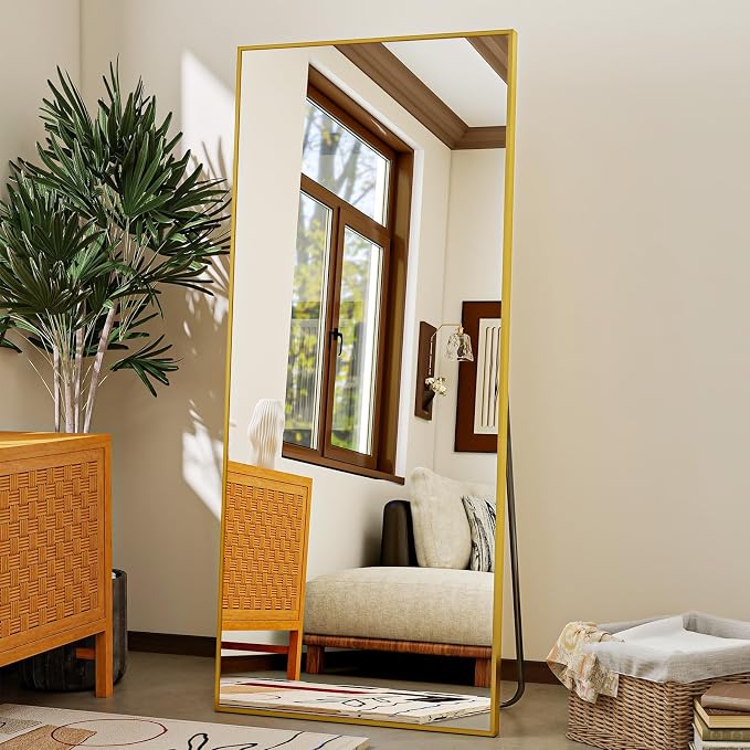 VooBang Mirror Full Length - 21" x 57" Floor Mirror with Stand Gold | Aluminum Alloy Frame Full Body Dressing Mirror, Standing Hanging or Leaning Against Wall for Bedroom and Living Room