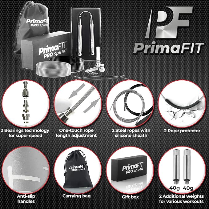 PrimaFIT Pro Speed Jump Rope for Adults, Weighted Skipping Rope for Boxing | Adjustable Jumping Rope for Fitness Workout & CrossFit Exercise, Double Unders, Handle Weights, 3m Cables 2 Protectors, Bag