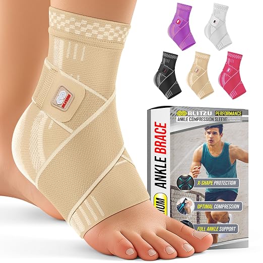 BLITZU Ankle Brace for Men & Women, Foot Compression Sleeve w/Arch Support | Open Toe Socks, Stabilizing Wrap for Torn Ligaments, Sprained Ankle, Achilles Tendonitis, Arthritis, Recovery, Sport, Fitness