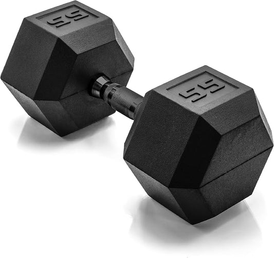 CAP Rubber Coated Dumbbell Weights, Free Weights for Home Gym Strength Training, Anti-Roll Hex Dumbbells with Black, Chrome & Comfort Grip Handles, Singles