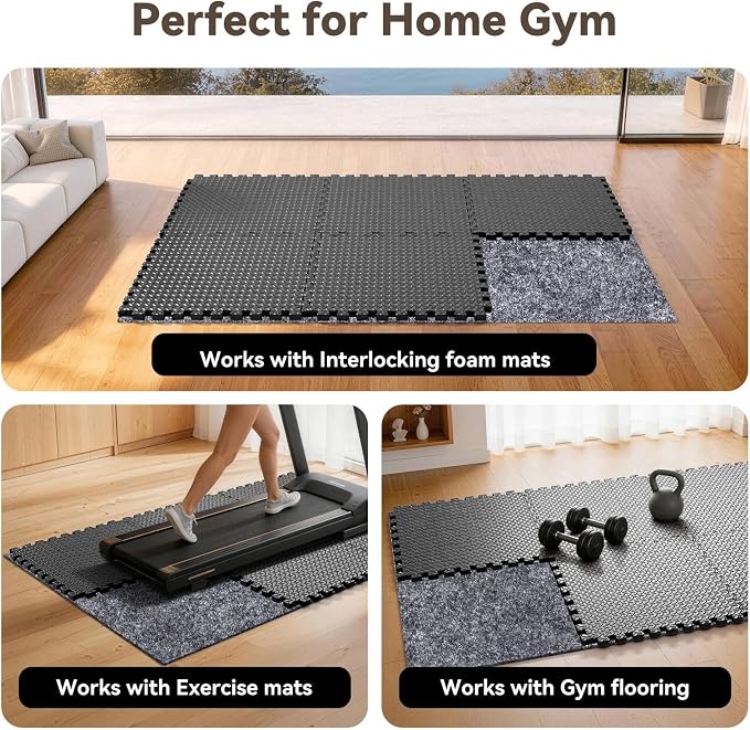 Non Slip Underlay for Interlocking Gym Mats, Prevents Foam Floor Mats from Sliding, Floor Grip Pad for Exercise Equipment Mats, Felt Anti Slip Mat with TPR Rubber Backing – 71"×94" (Fits 12 Tile)