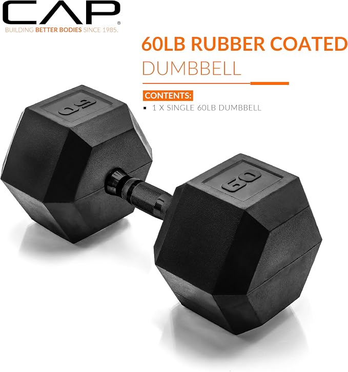 CAP Rubber Coated Dumbbell Weights, Free Weights for Home Gym Strength Training, Anti-Roll Hex Dumbbells with Black, Chrome & Comfort Grip Handles, Singles
