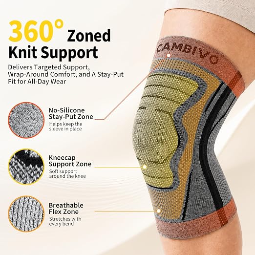 CAMBIVO 2 Pack Knee Brace for Women & Men, Compression Sleeves Knee Support | Lightweight Side Stabilizers| Latex free & silicone free | Knee pain relief for meniscus | Non-slip for running, hiking, gym