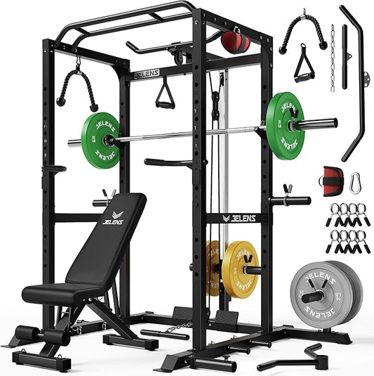 JELENS S21 Power Cage, Multi-Function Power Rack with Adjustable Cable Crossover System, 2000LBS Squat Rack for Home Gym with More Training Attachments
