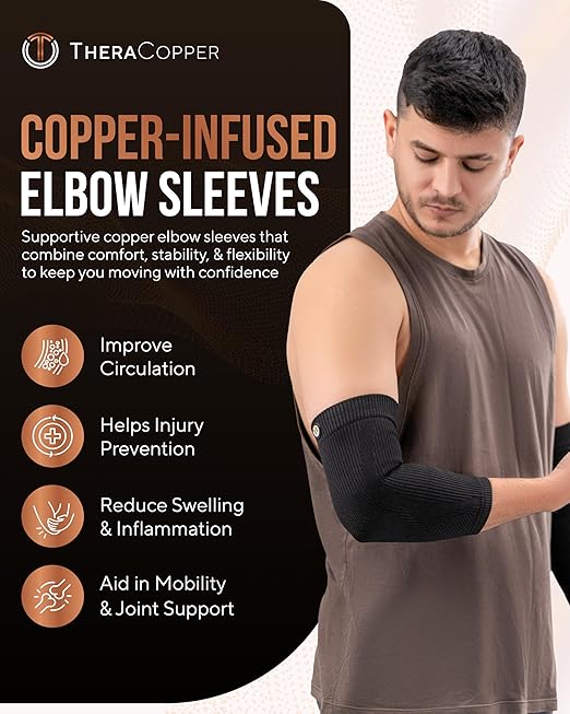 TheraCopper Copper Elbow Compression Sleeve for Men & Women (Pair) – Infused Copper Elbow Brace for Tennis Elbow, Tendonitis, Arthritis & Bursitis – Elbow Support for Golf, Workouts & Recovery (Medium)
