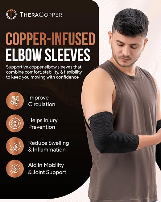 TheraCopper Copper Elbow Compression Sleeve for Men & Women (Pair) – Infused Copper Elbow Brace for Tennis Elbow, Tendonitis, Arthritis & Bursitis – Elbow Support for Golf, Workouts & Recovery (Large)