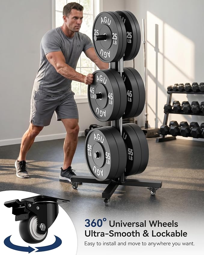 Movable Olympic Weight Plate Tree with 6 Metal Pegs | Fits 1" & 2" Weight Plates, Heavy Duty Storage Rack with Barbell Holders for Home & Garage Gym
