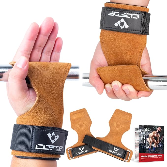 Weight Lifting Wrist Strap, Double-Layer Leather for Deadlift Powerlifting | Gym Strap with Adjustable Neoprene Padded Fit for 6.3–8 Inch Wrist, 8.07-Inch Leather Strap, Gym Workout Lifting Hook (Pair)