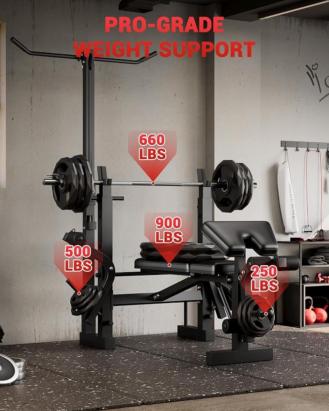 8-in-1 Weight Bench Set for Home Gym, Foldable Workout Benchs | With Preacher Curl Pad, LAT Pulldown and Leg Extension Leg Curl, Bench Press for Full Body Exercise