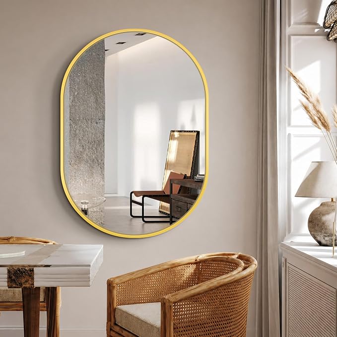 Oval Bathroom Vanity Mirror for Wall, 40''x28'' Gold Oval Bathroom Mirror for Over Sink, Bedroom, Living Room, Entryway, HD Tempered Glass, Wall Mounted Horizontally or Vertically
