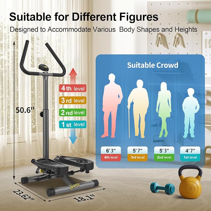 ZIWWVY Stepper Machine with Resistance Bands, Mini Stepper with 300LBS Weight Capacity, Twist Stepper for Full Body Workout, Adjustable Step Height, Smooth and Quiet, Step Machine for Men Women
